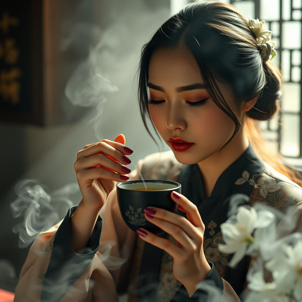 Asian Woman Sipping Tea in Hyperrealistic Art