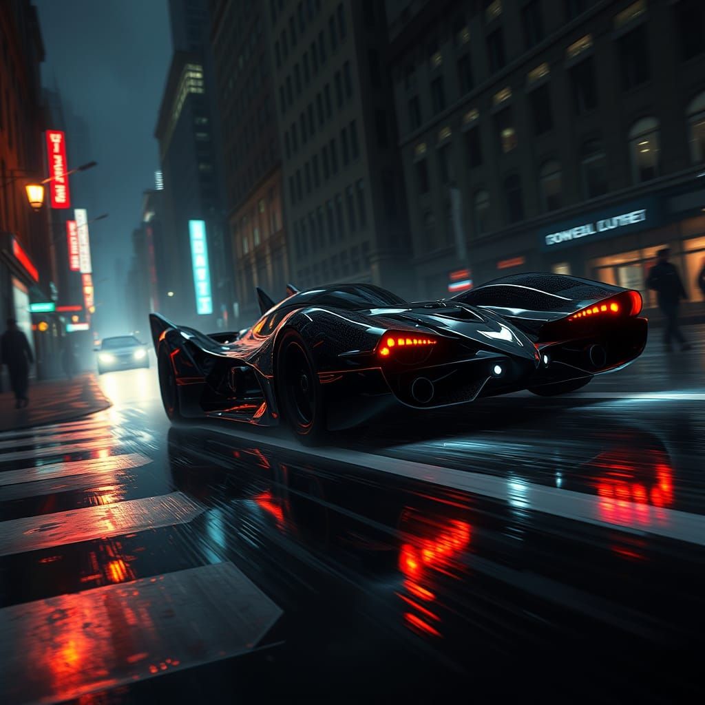 Futuristic Batmobile Speeding Through Gotham in Dystopian St...