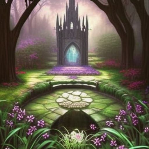 Ethereal gothic Garden with Natural oasis in the middle& gothic vibes& ethereal vibes& dark fantasy vibes& fantasy vibes...