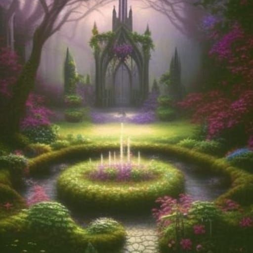 Ethereal gothic Garden with Natural oasis in the middle& gothic vibes& ethereal vibes& dark fantasy vibes& fantasy vibes...