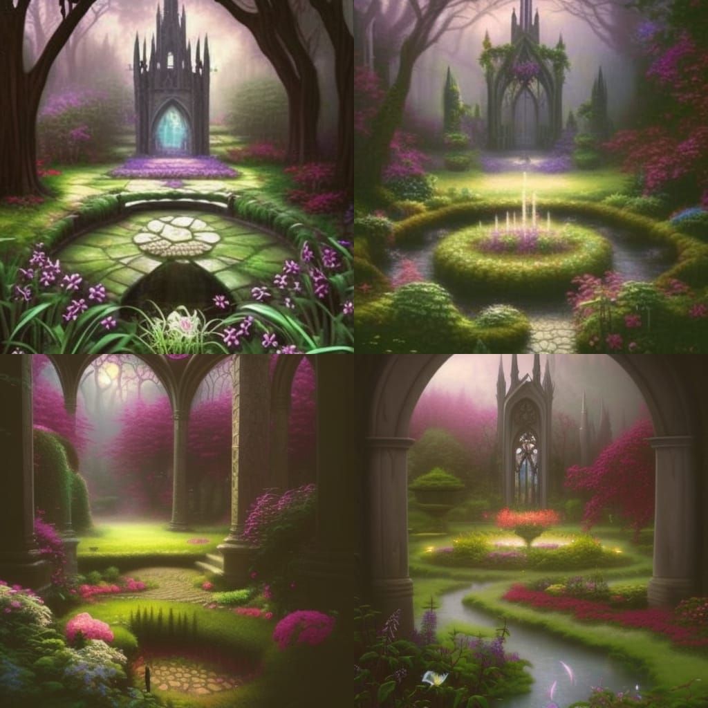 Ethereal gothic Garden with Natural oasis in the middle& gothic vibes& ethereal vibes& dark fantasy vibes& fantasy vibes...