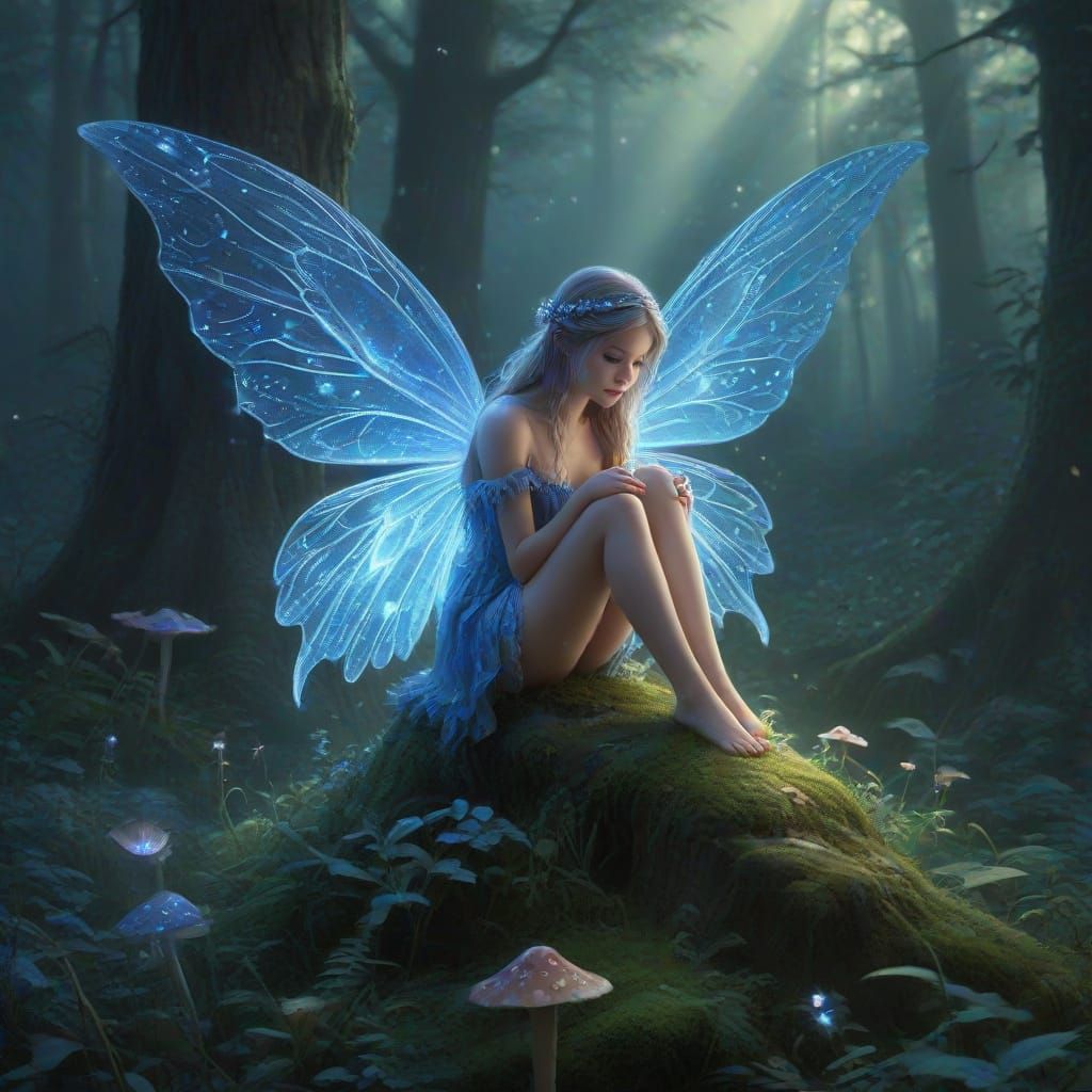 Ethereal Sapphire Fairy on Bioluminescent Mushroom