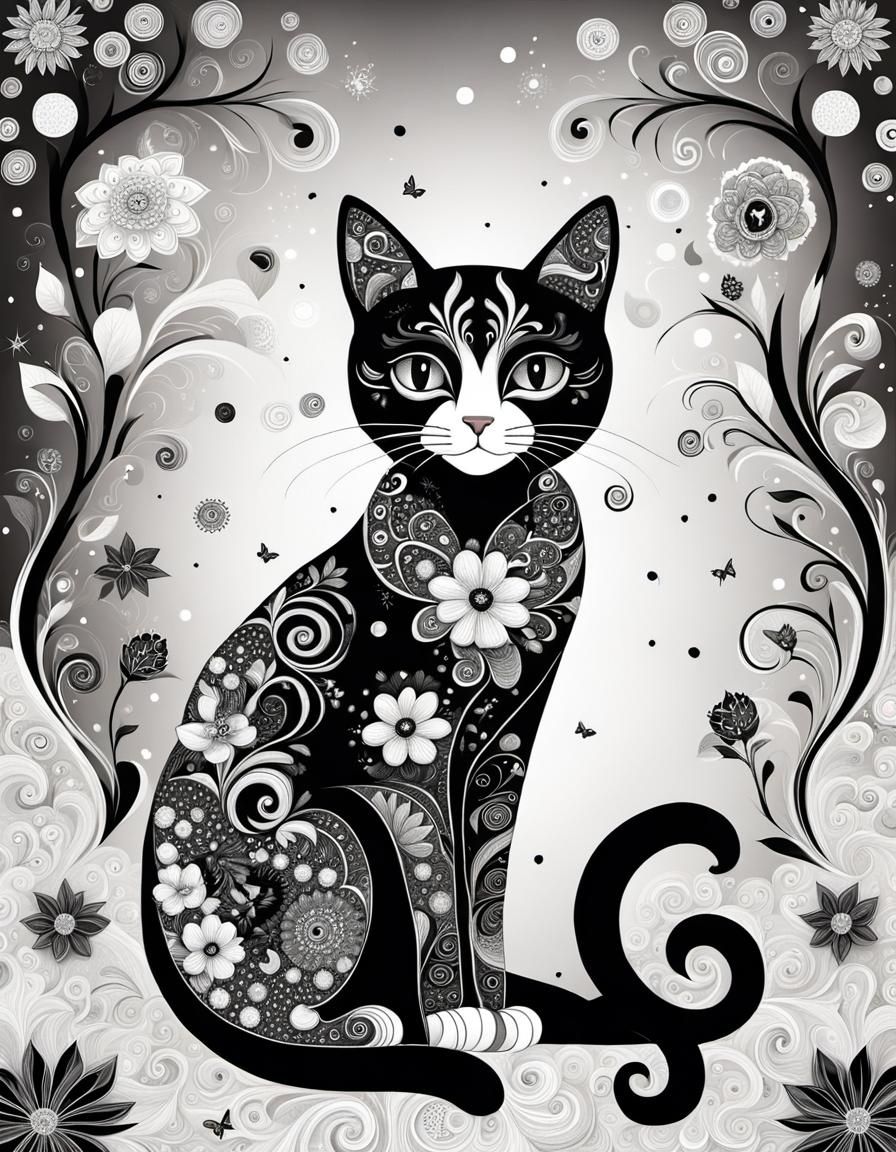 Enchanting Whimsical Black Cat Illustration