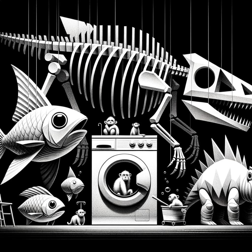 Intriguing Minimalist Scene with Fish, Dinosaur, and Monkey