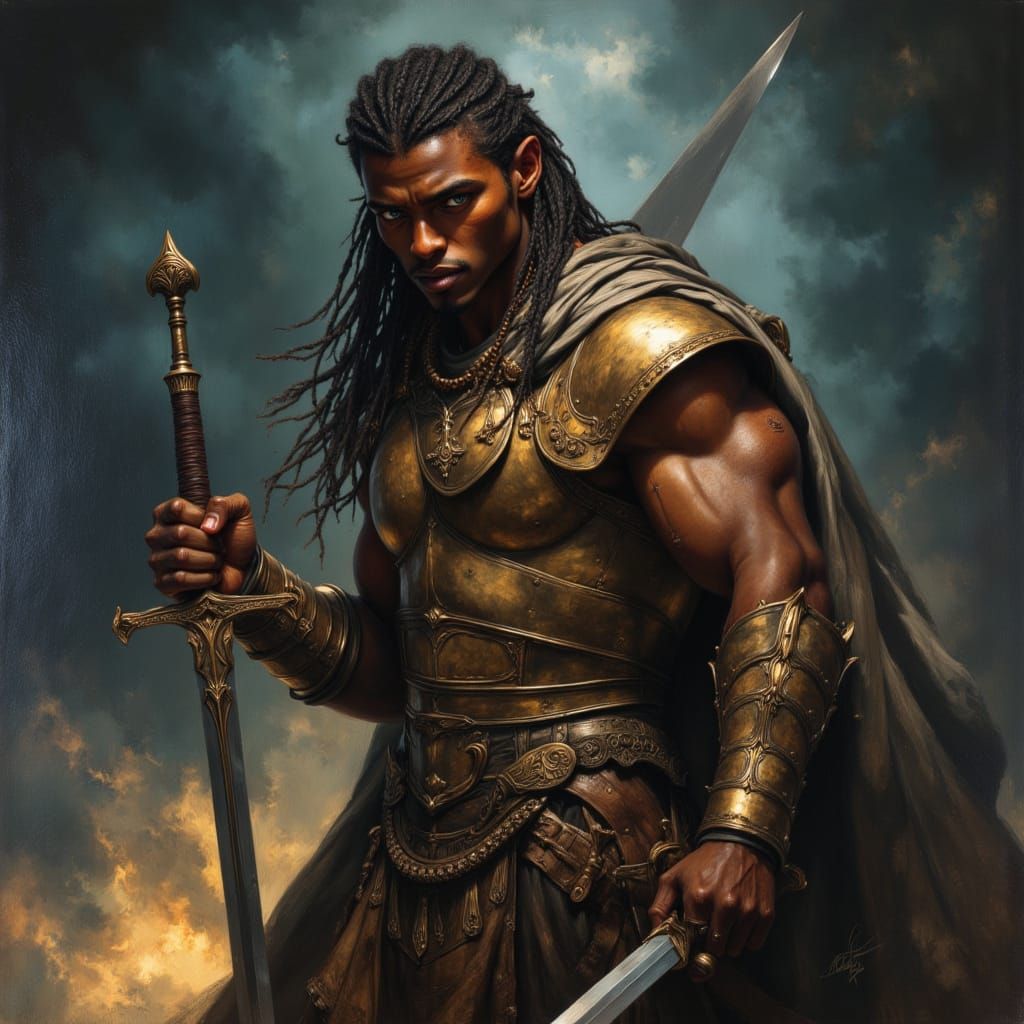 Black Warrior God in Gold Armor, Digital Painting