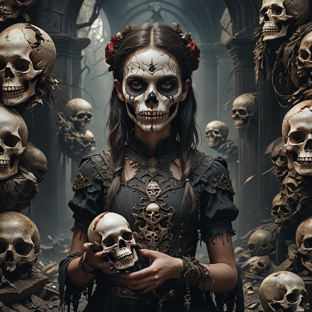 Macabre Young Girl with Skull: Dark Fantasy Art