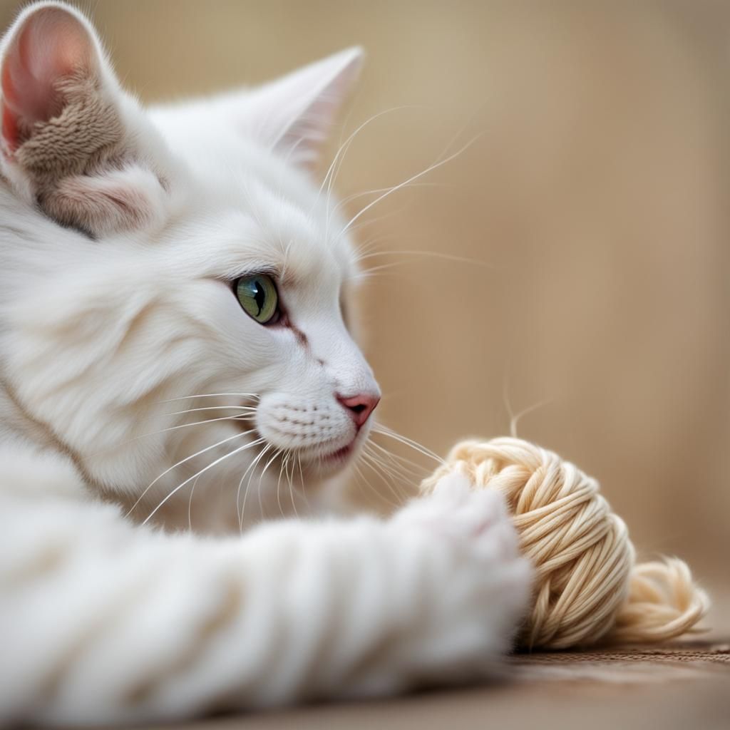 Playful White Kitten with Yarn