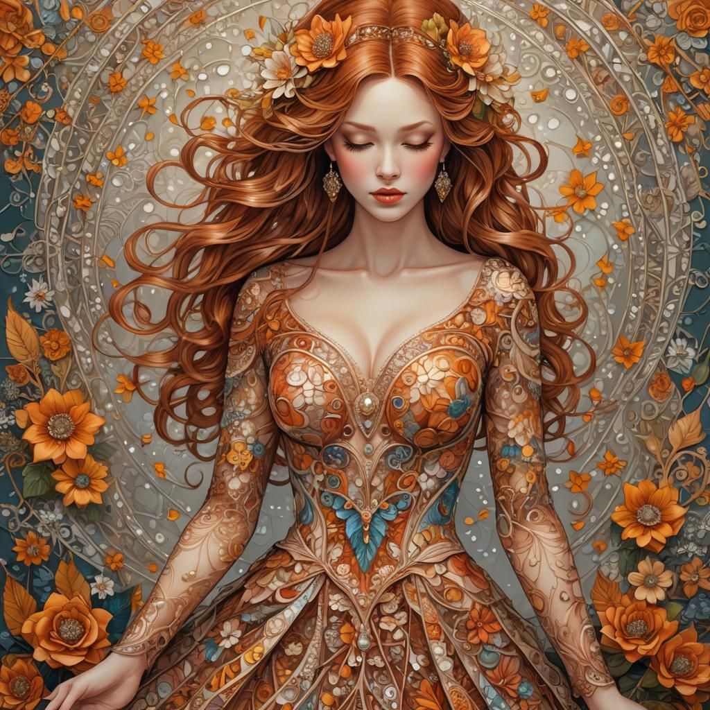 Beautiful Woman in Sparkling Dress with Zentangle Flowers