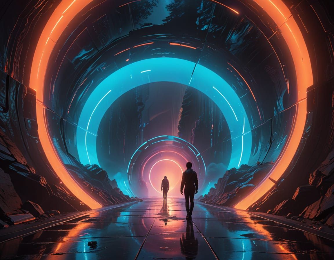 Futuristic Tunnel Entrance in Neon-Lit Digital Art