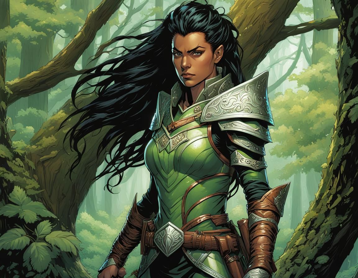 Female Elf Warrior in Forest, Comic Book Art