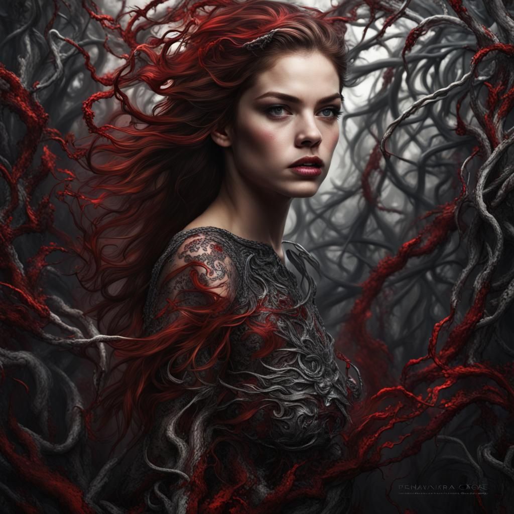 Crimson Vines: Hyperrealistic Portrait in Dark Silver