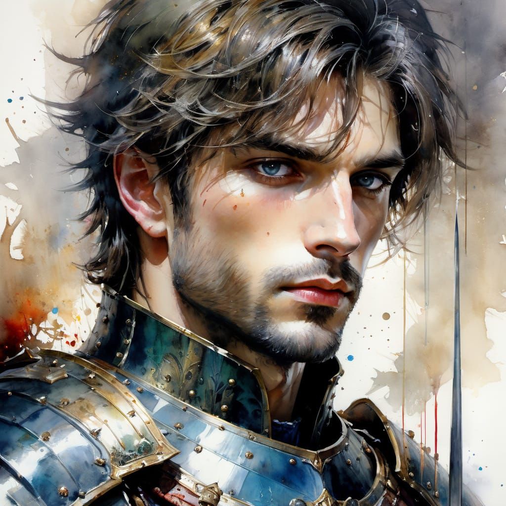 Rustic Prince in Armor, Fine Art Watercolor Portrait