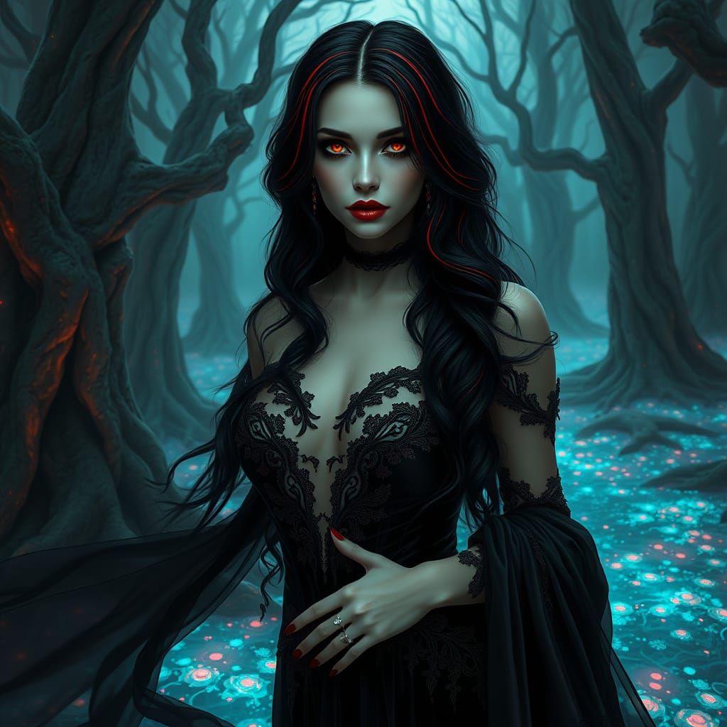 Gothic Woman in Bioluminescent Forest Digital Painting