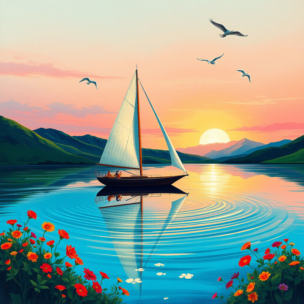 Elegant Sailboat on Lake at Sunset, Surrealist Painting