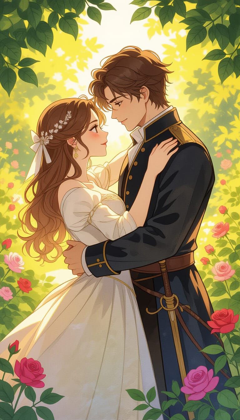 Renaissance Couple Embracing in Garden, Manga Style