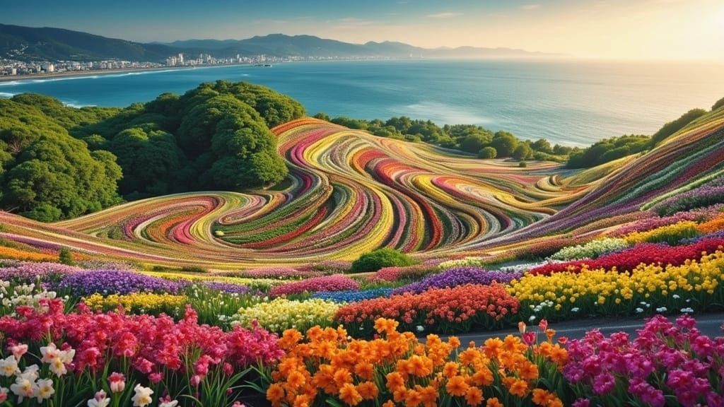 Vibrant Flower Fields Overlooking Osaka Bay, Hyogo