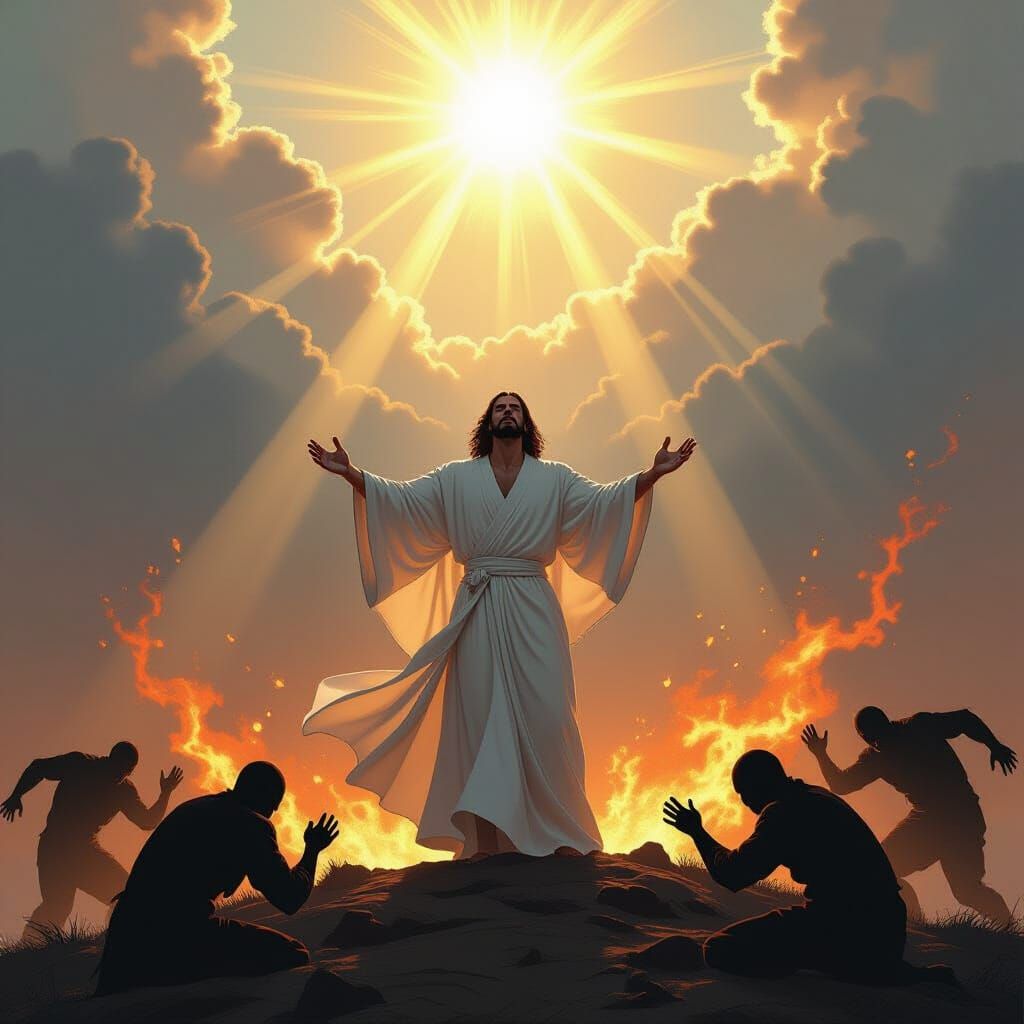 Man on Hilltop Above Fiery Chasm, Comic Style