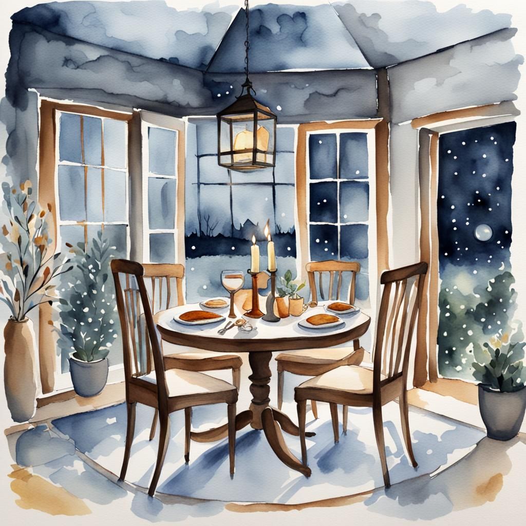 Cosy Candlelight Dinner for Two: Watercolour Illustration