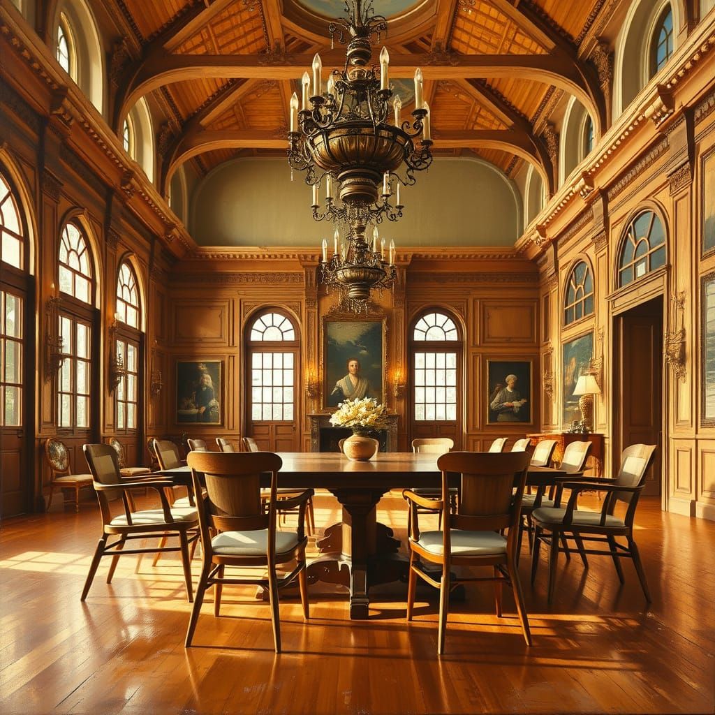 Nordic Chairs and Table in Grand Hall as Oil Painting