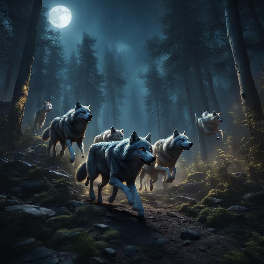 Wolves Run Through Forest Under Moonlight