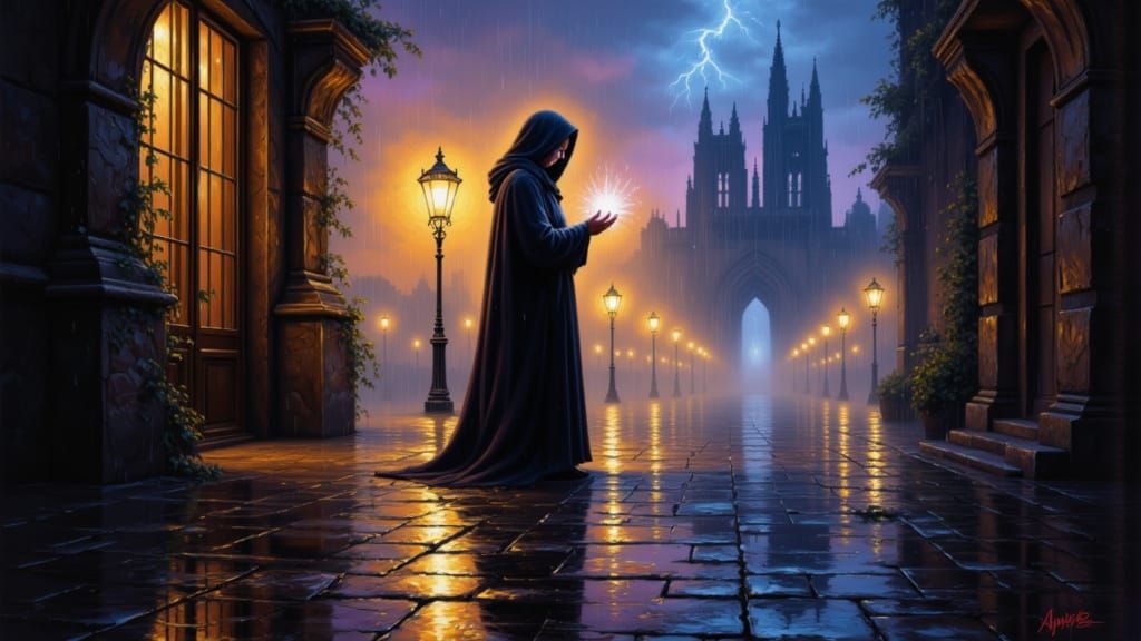 Sorceress in Twilight: Romantic Oil Painting