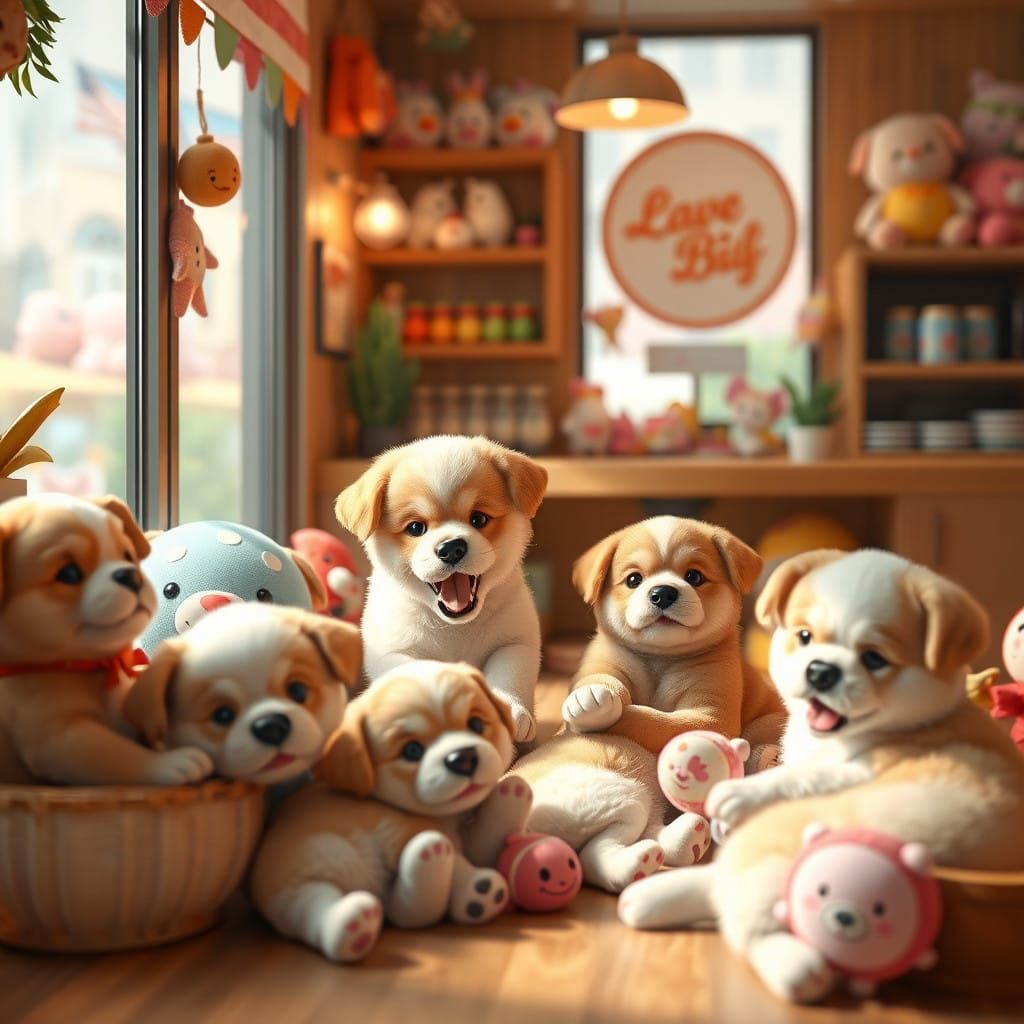 Cute Puppies in a Whimsical 3D Anime Cafe
