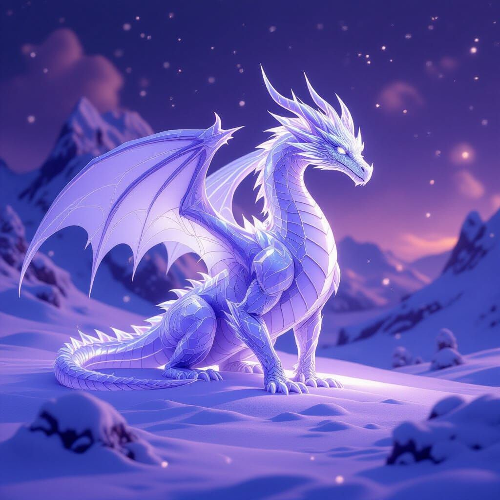 Majestic Ice Dragon Amidst Falling Purple Snow