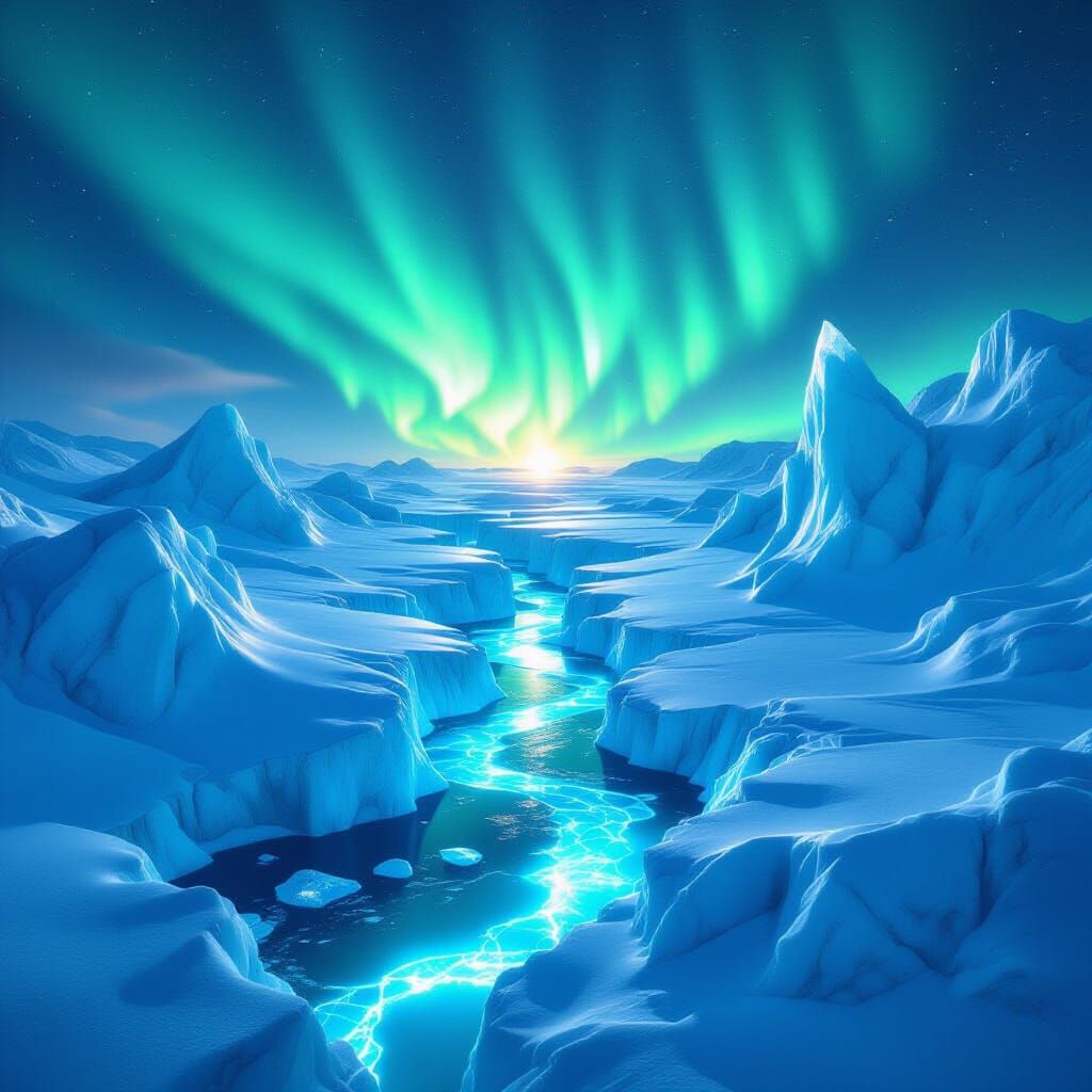 Sapphire Icebergs Under Emerald Aurora: A Crystalline Dreams...