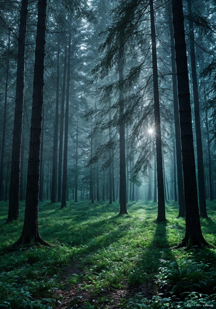 Ethereal Green-Blue Light in a Forest at Night