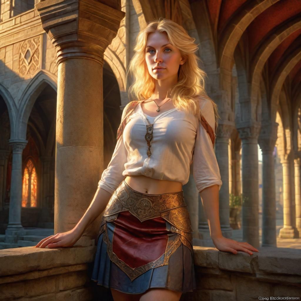 Fantasy Portrait: Woman in Medieval Temple at Sunrise