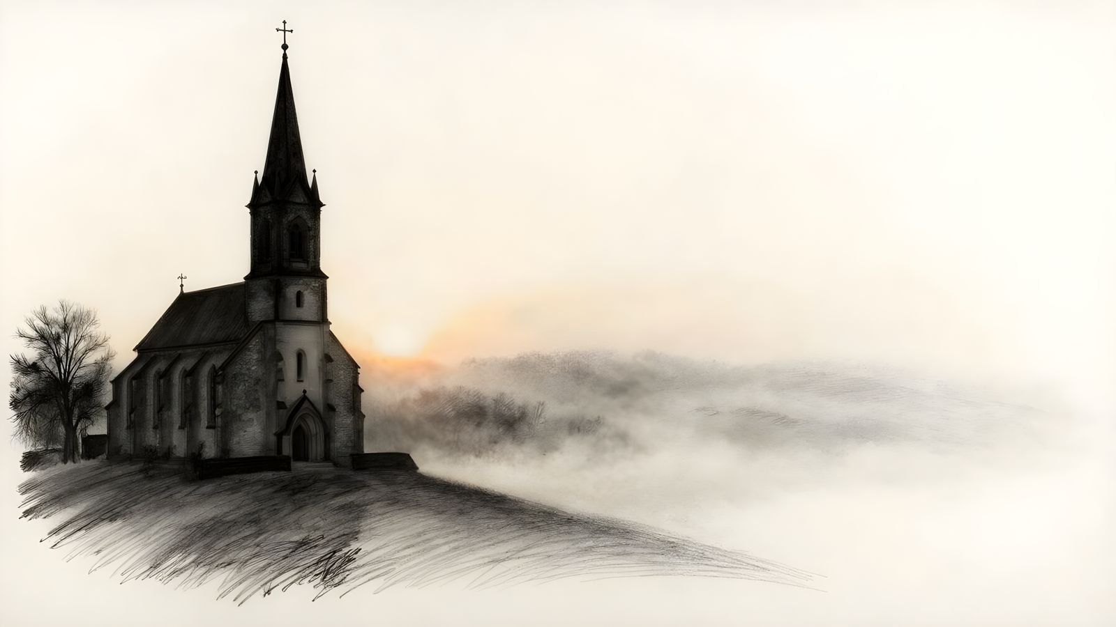 Misty Church Silhouette in Charcoal Drawing