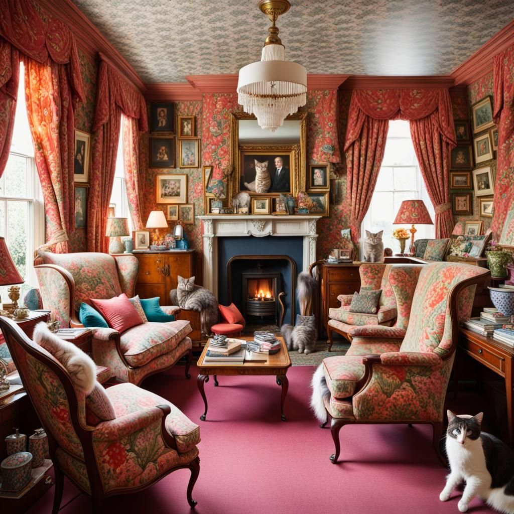 Maximalist Cartoon of a Busy Sitting Room