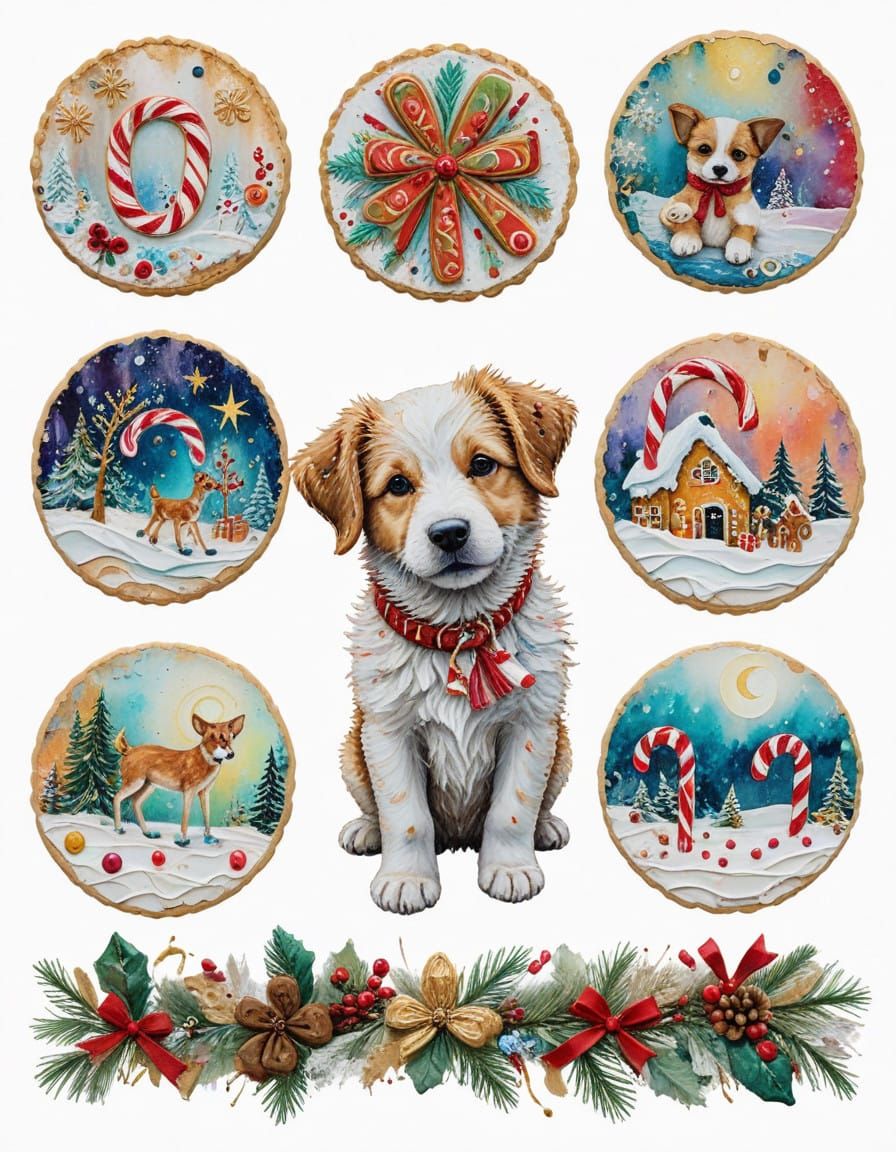 Whimsical Puppy Christmas Scene in Vibrant Mixed Media