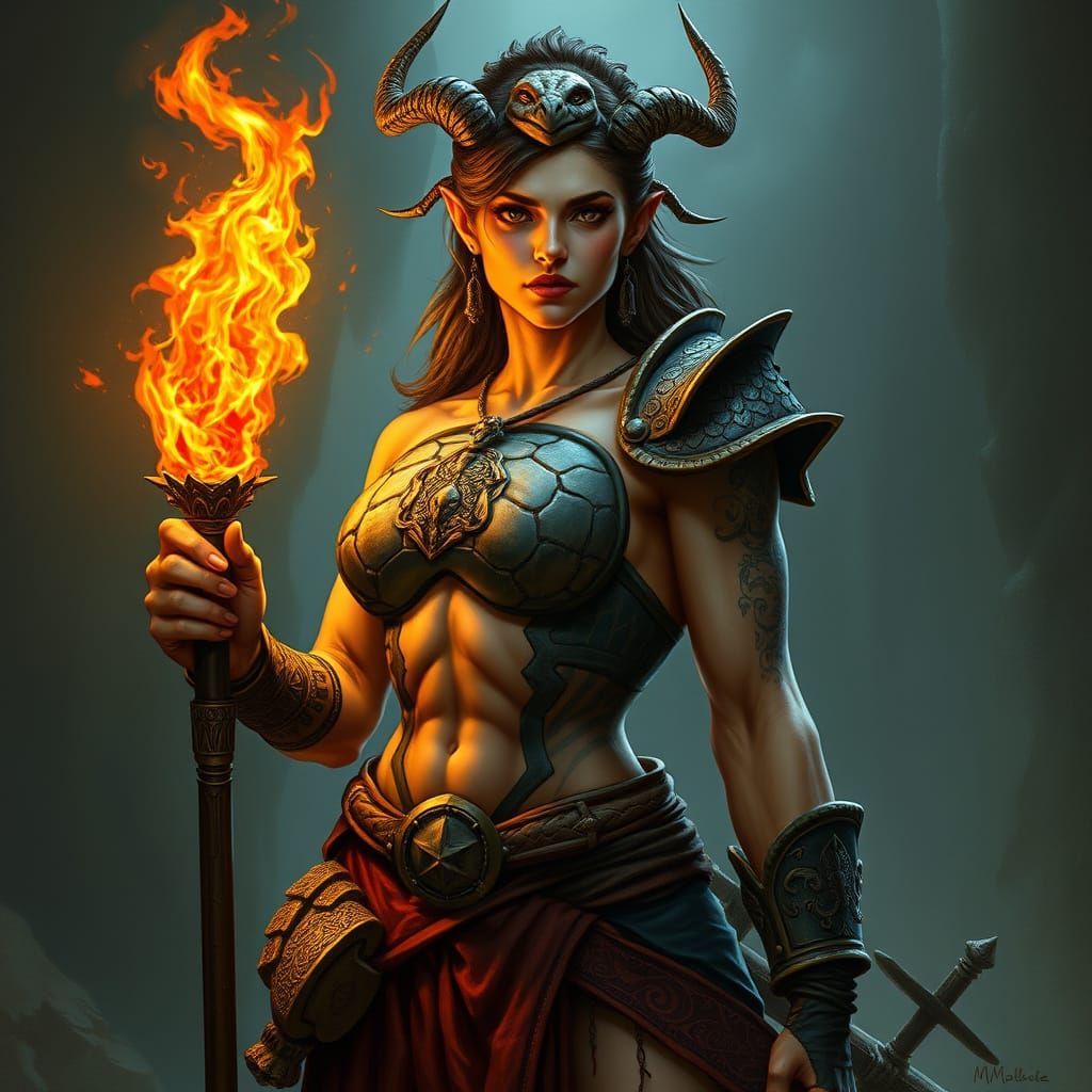 Mythical Cleric of Tiamat, Embodied by a Powerful, Shirtless...