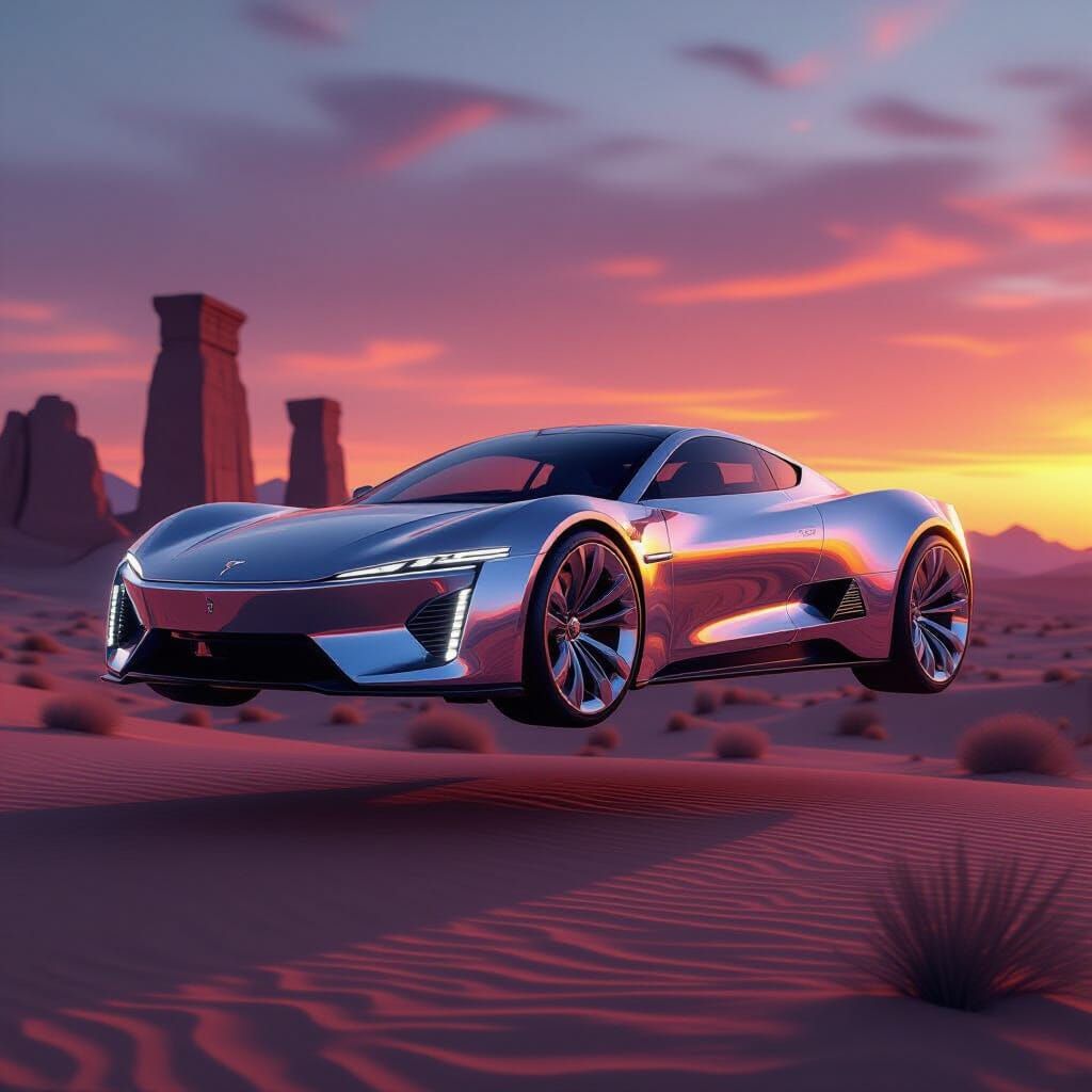 Futuristic Chrome Sports Car Hovers Over Desert Sunset