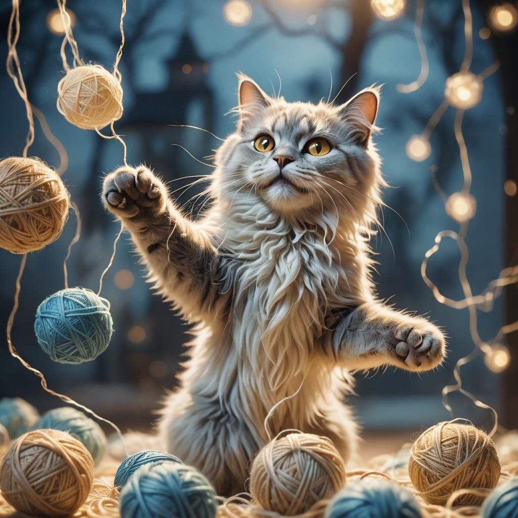 Ghostly Cat Reaching for Yarn in Anime Style