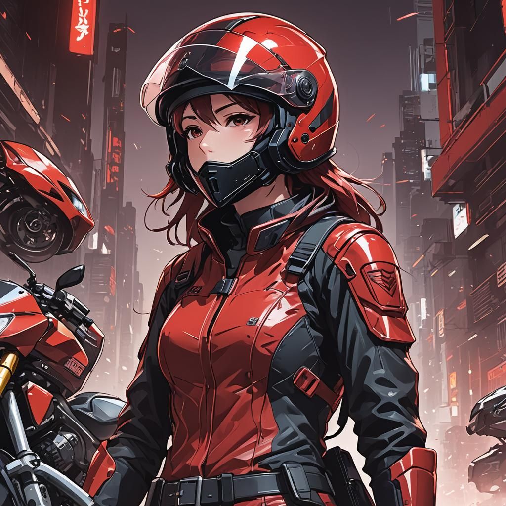 Anime Girl with Motorcycle Helmet in Cel-Shaded Style