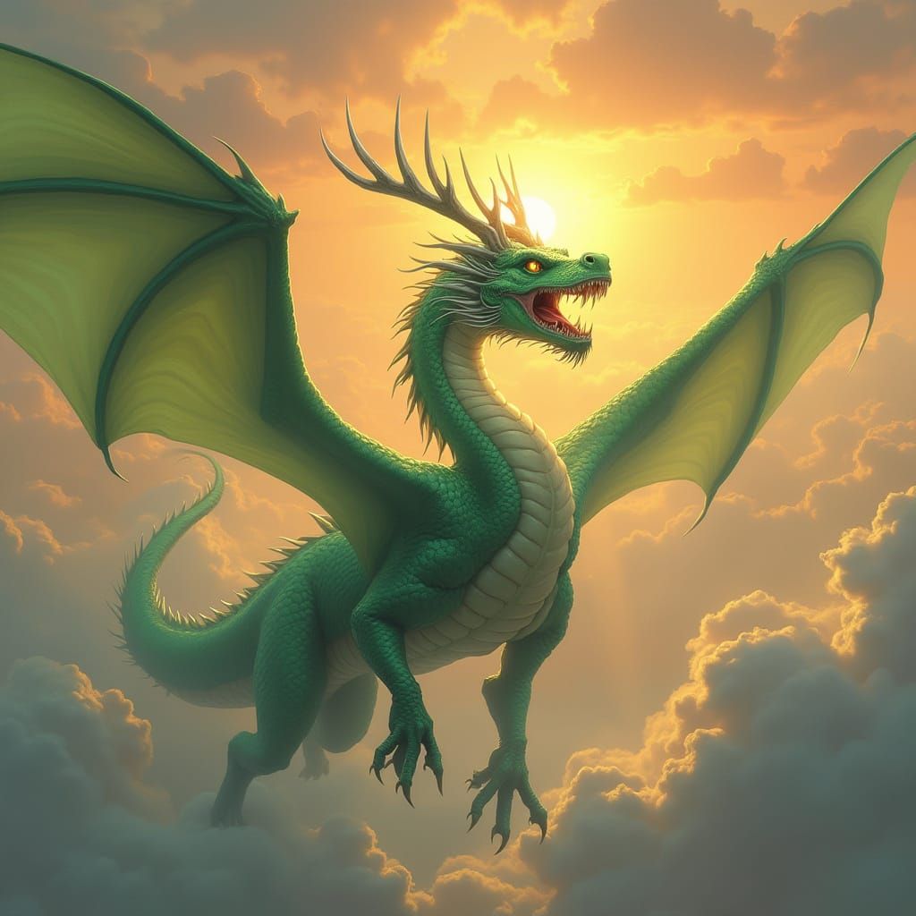 Ethereal Western Dragon soars through Golden Sunset