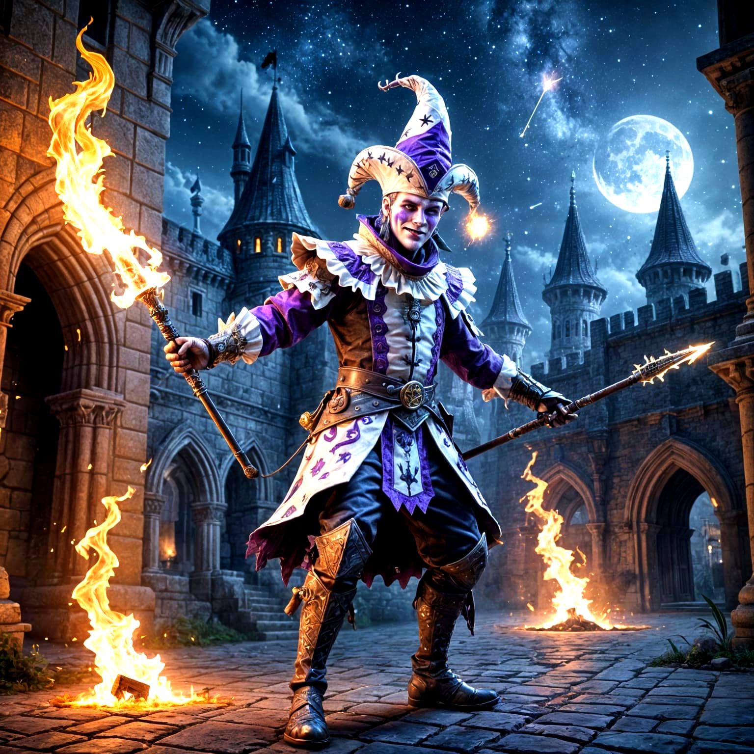 Creepy Jester in Burning Castle Courtyard