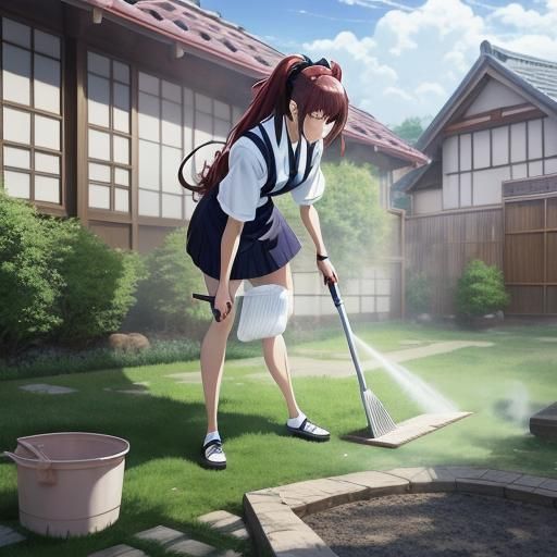 Anime Maid Cleaning Outdoors on a Hot Day