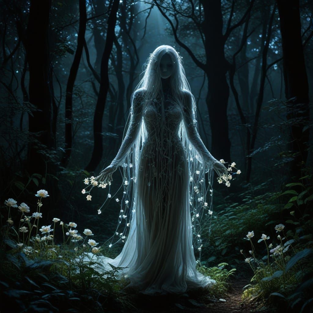 Ethereal Figure Surrounded by Blooming Light Flowers in a Bi...