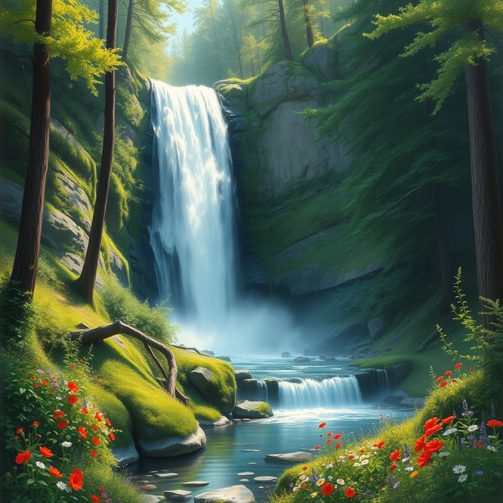 Romantic Waterfall in a Lush Forest Landscape
