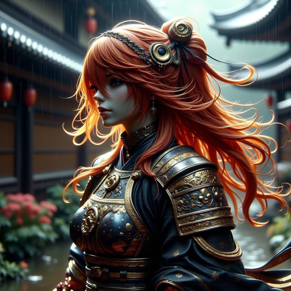 Samurai Woman in Heavy Rain: Anime & 3D Art Style