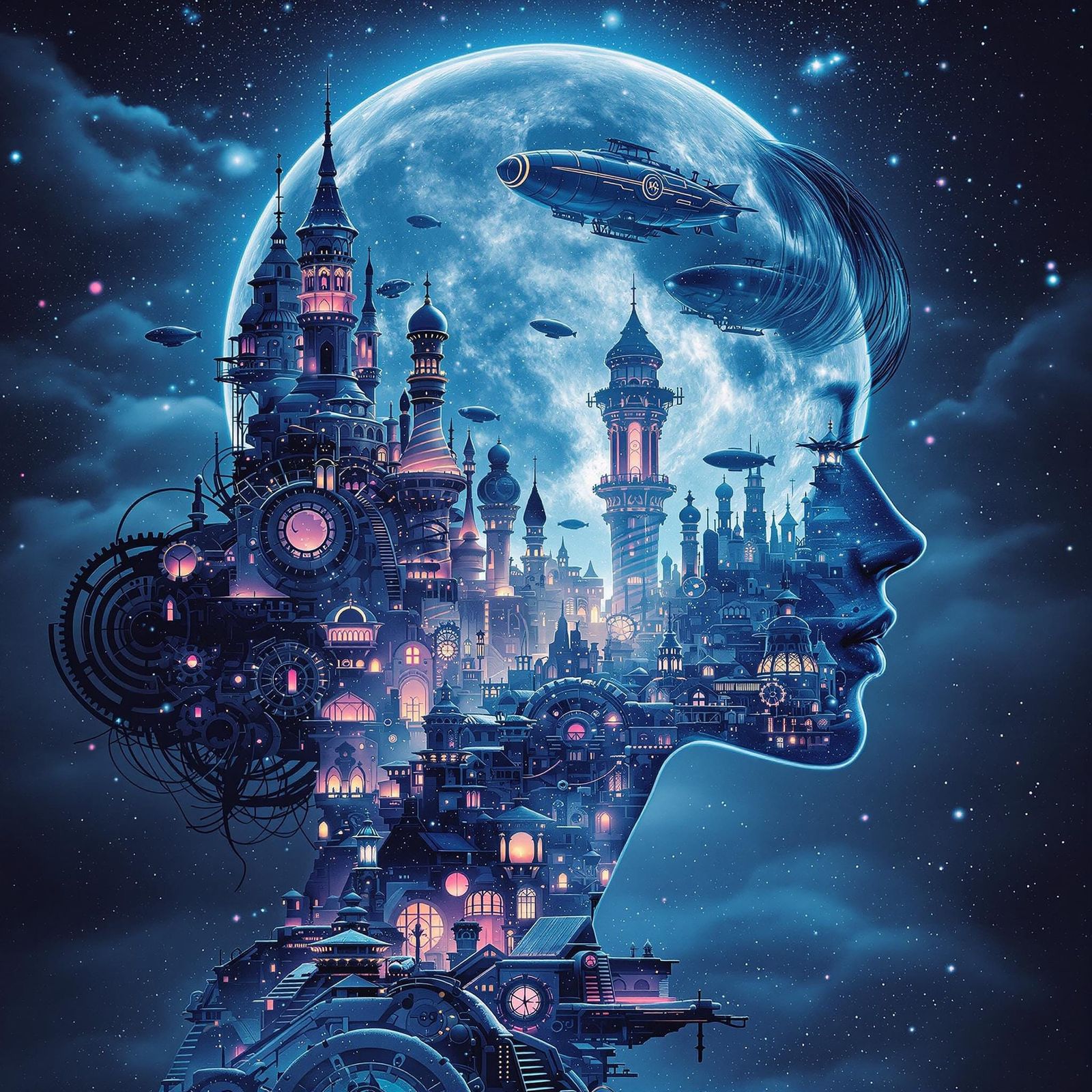 Girl in Steampunk Cityscape Under a Haunting Moonlit Glow