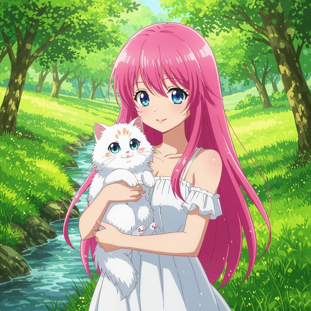 Anime Girl with White Cat in Sunny Park
