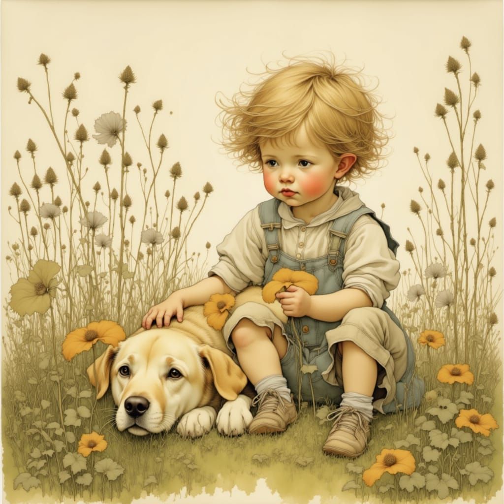 Whimsical Child and Loyal Canine in a Serene Field