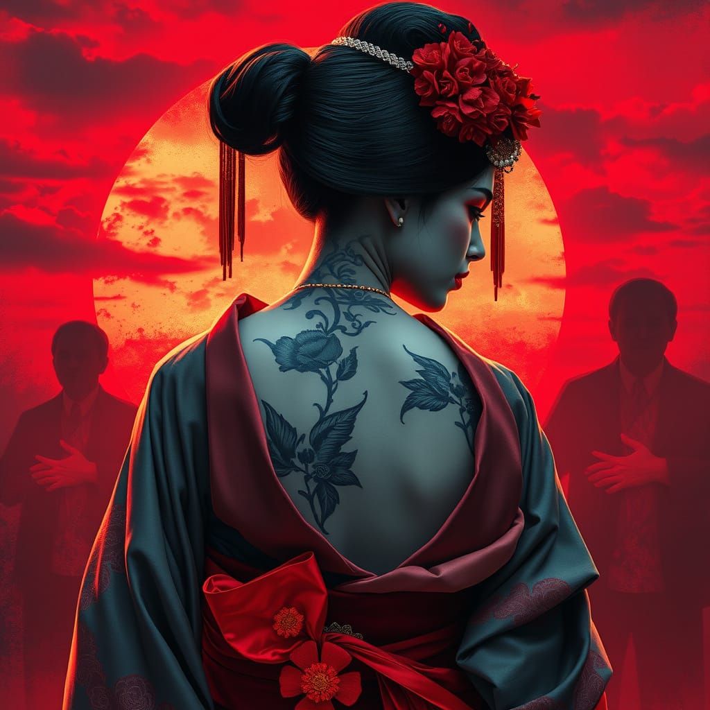 Geisha with Watercolor Tattoos in Cinematic Horror Style