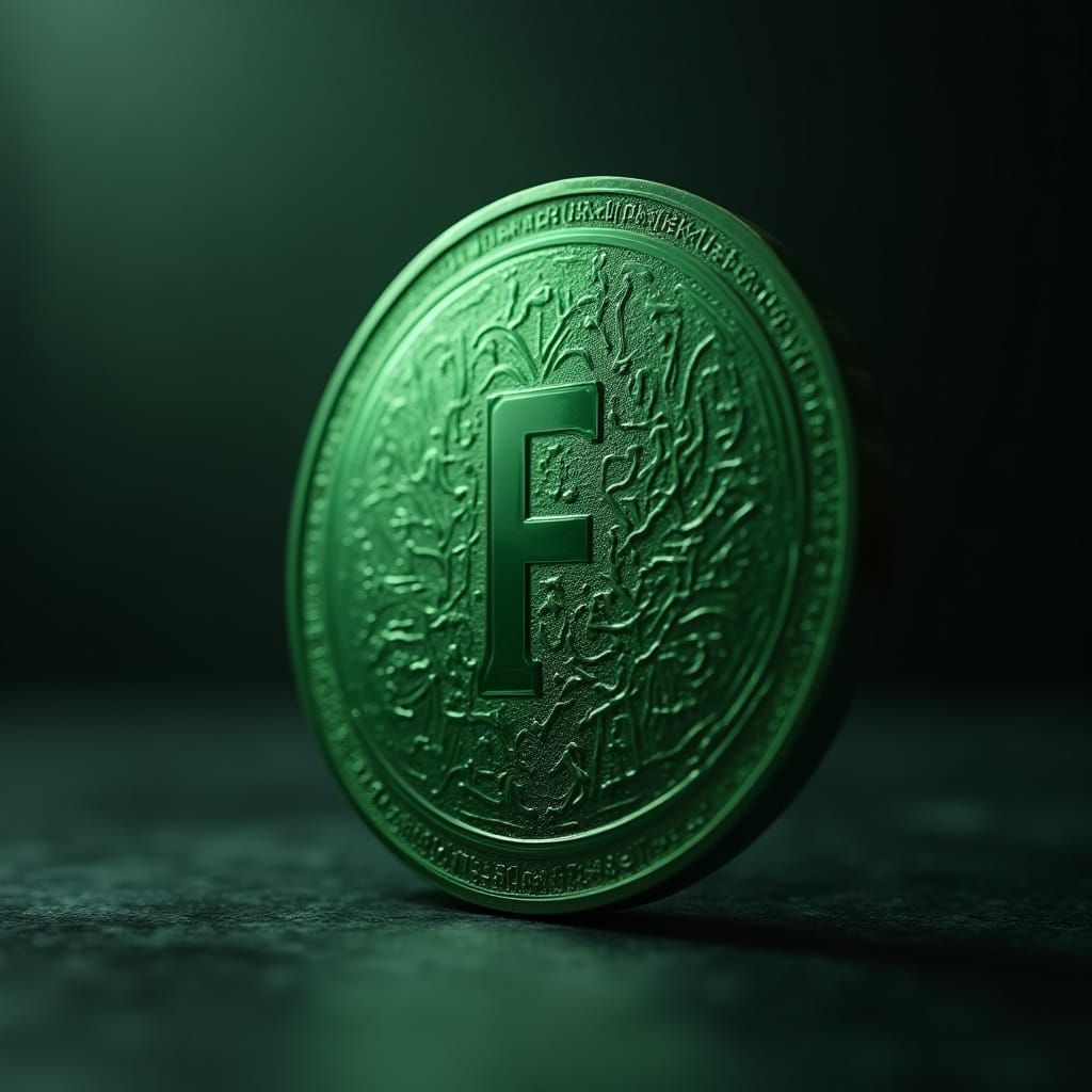 A Luxurious Green Coin with Intricate Details in High-Contra...