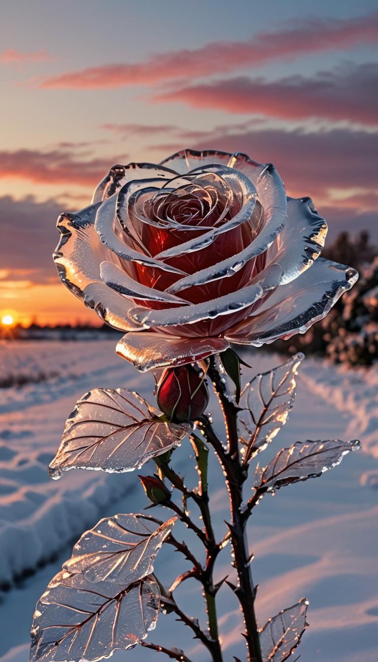 Red Glass Rose in Snowy Sunset