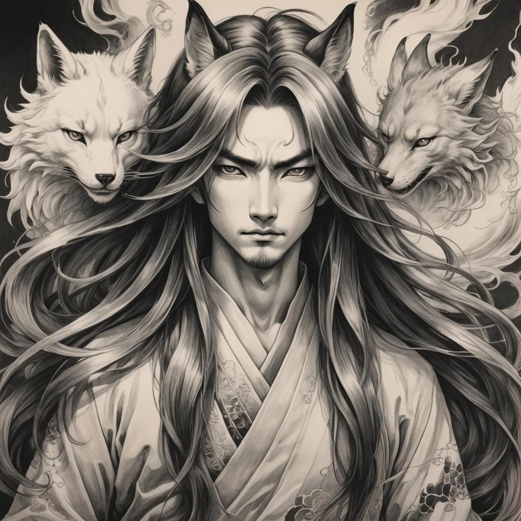 Male Kitsune with Flowing Hair, Manga Style